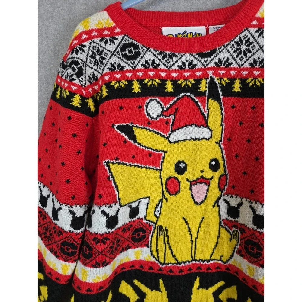 Pokemon Kids Sweater 5-6‎ Pikachu Happy Red Multi Fair Isle Festive Nordic